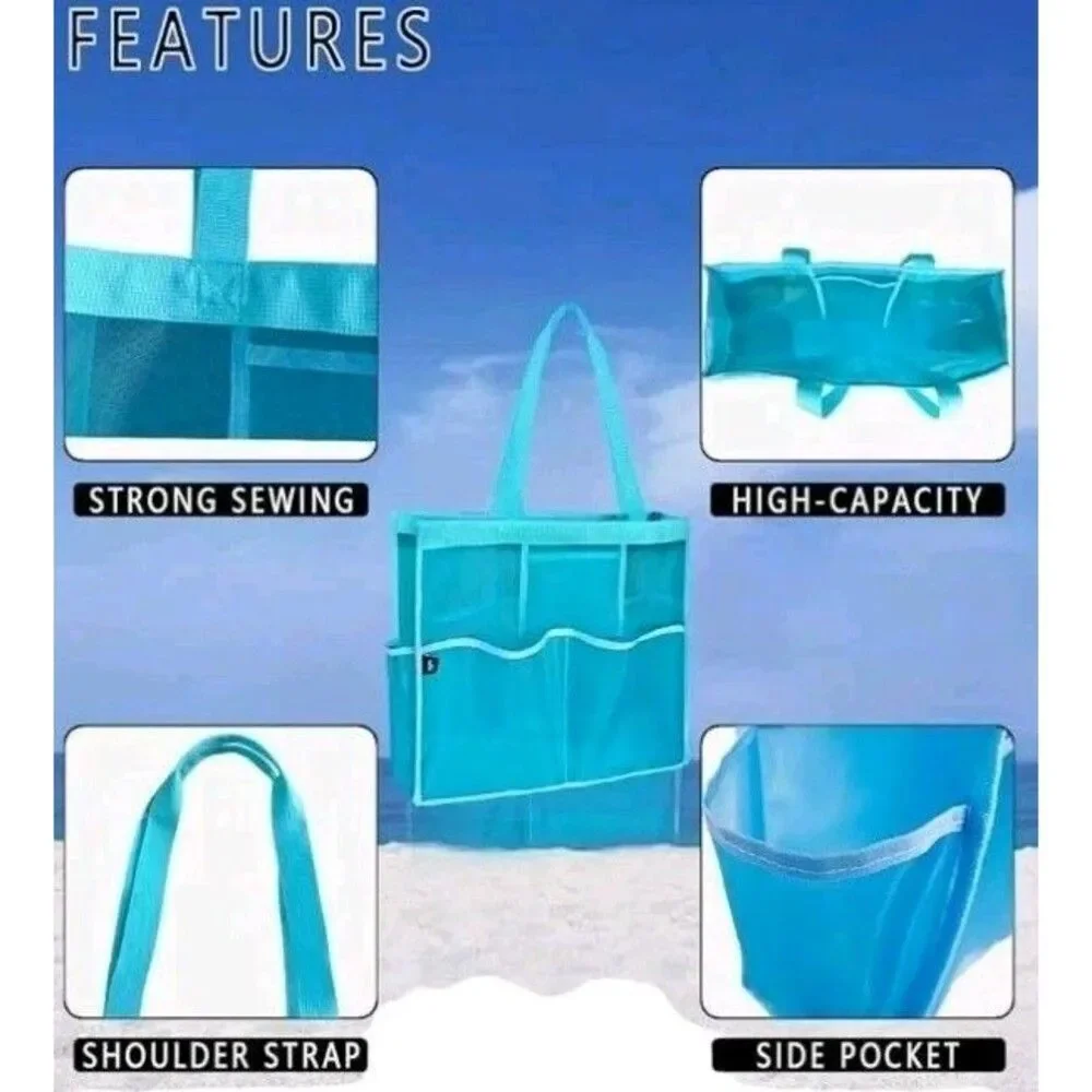 Mesh Beach Bag Large Tote Bag with 6 Pockets XL Storage Bag Lightweight Foldable